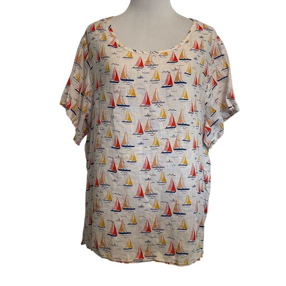 Cynthia Rowley Sailboat Top Womens Size 1X White Nautical Print Linen Coastal - Picture 1 of 6